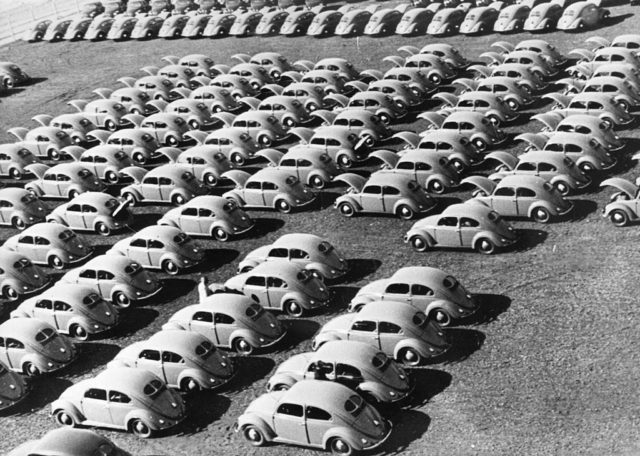 Rows of VW Beetles after production