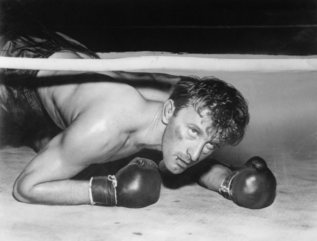 Black and white movie still of Kirk Douglas as Midge Kelly in "Champion"