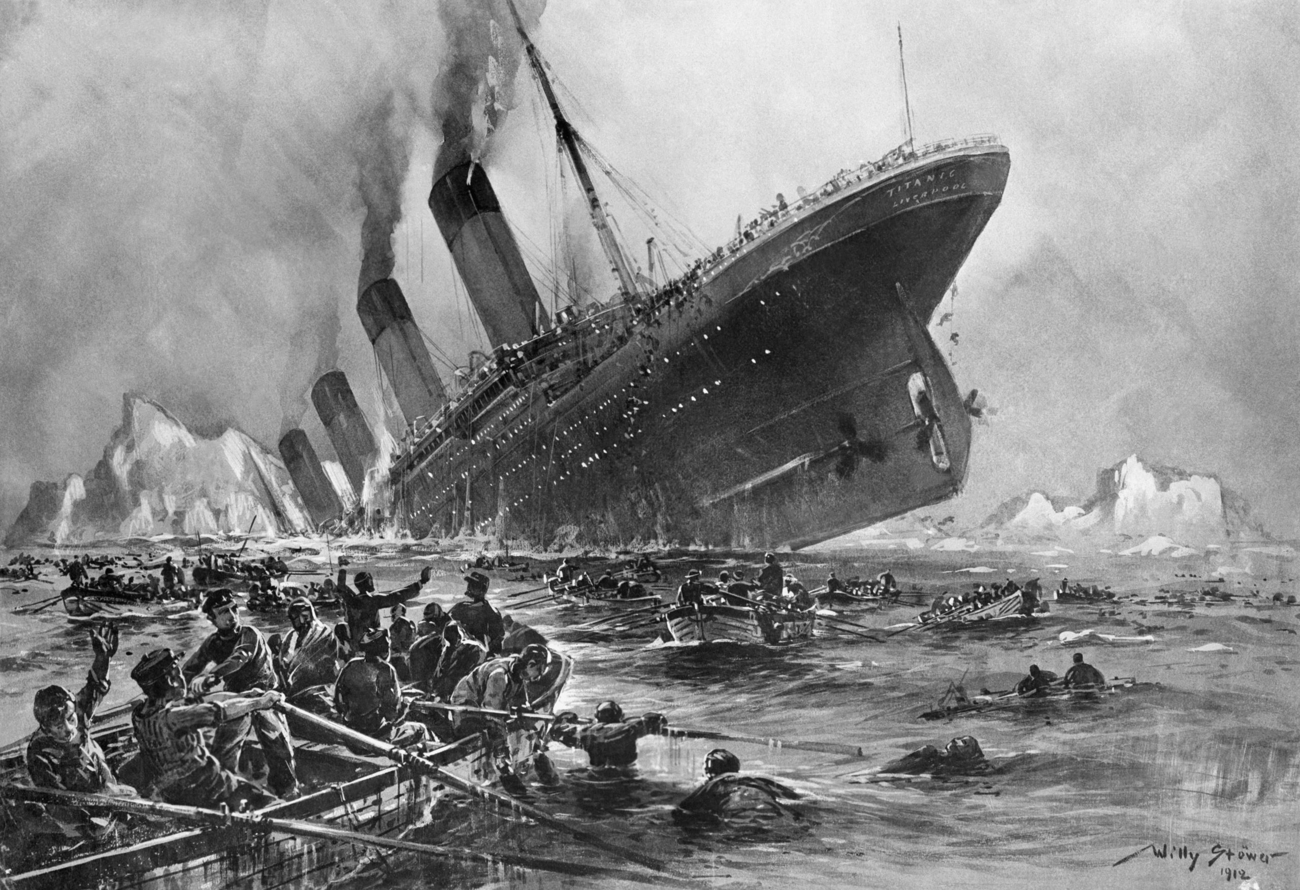 The sinking of the Titanic, painted by German artist Willy Stoewer. Photo Credit: Bettmann / Getty Images