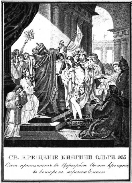 Sketch of Constantine baptizing Olga of Kiev