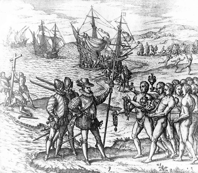 An etching of Columbus arriving in the Bahamas