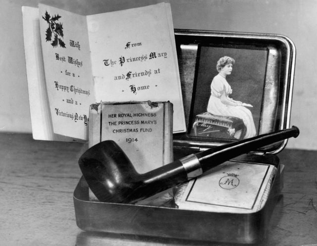 Black and white photo displaying the contents of the Princess Mary Christmas box