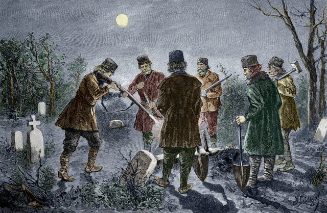 A drawing of men gathered around a grave with guns.
