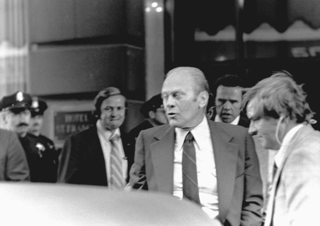 President Gerald Ford moments after Sara Jane Moore attempted to shoot him.