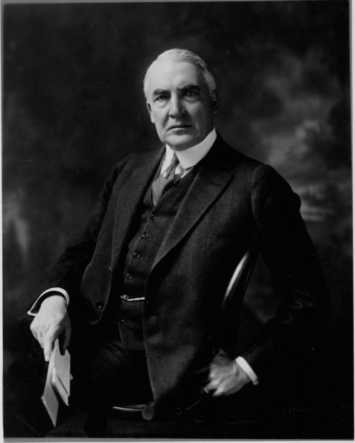 Black and white photo portrait of former president Warren Harding