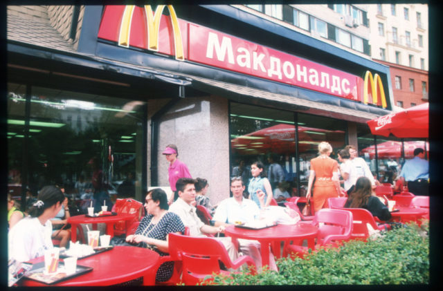 Russians eating outside a McDonald's restaurant