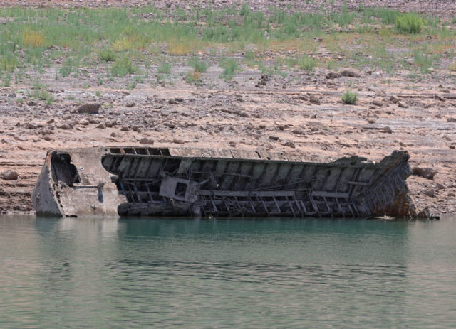 Higgins boat sticking out of the water in Lake Mead