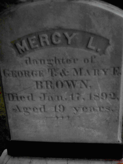 The gravestone of Mercy Brown, which reads: "Mercy L. daughter of George T and Mary E Brown, died Jan 17 1892, aged 19 years"