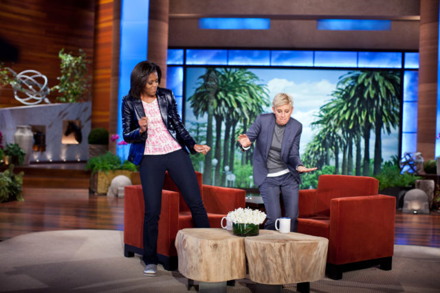Ellen DeGeneres and Michelle Obama dancing on the set of The Ellen DeGeneres Show.
