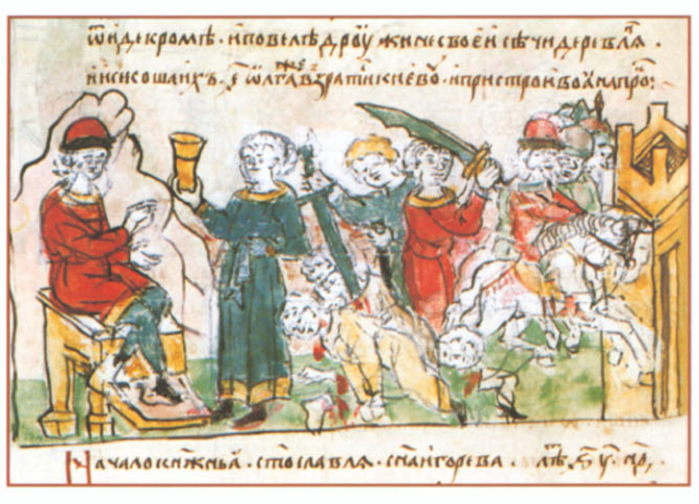 Sketch of the Drevlians being slaughtered while drunk