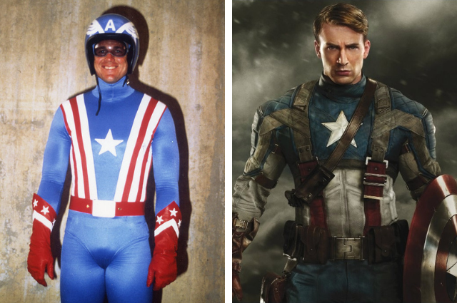 Side-by-side photos of Captain America from 1979 and 2011, respectively