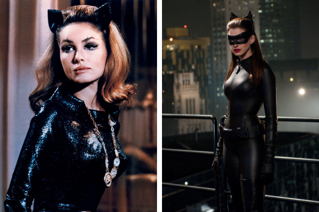 Side-by-side of Catwoman from the 1960s and 2012, respectively