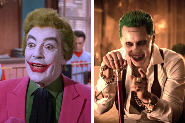 Side-by-side of the Joker from the 1960s and 2016, respectively