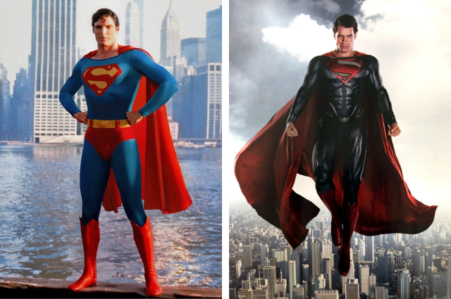 Side-by-side Supermans from 1978 and 2013, respectively
