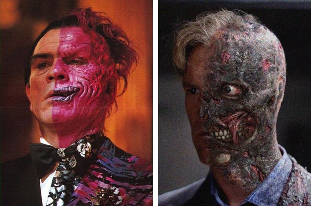 Side-by-side of Harvey Dent from 1995 and 2008, respectively