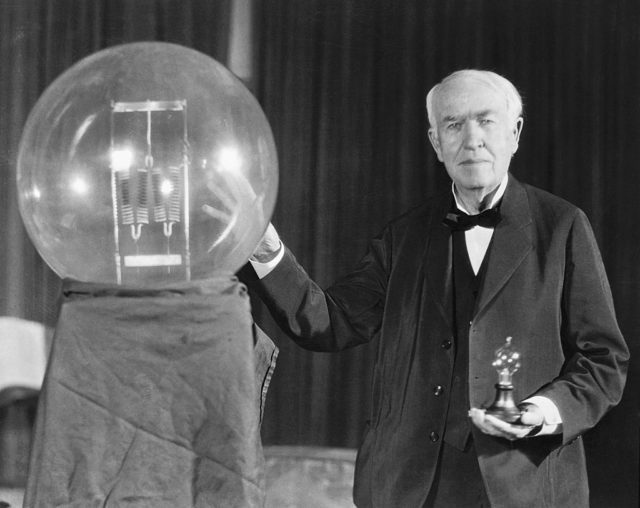 Thomas Edison with his first incandescent lamp 