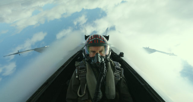 Mid-air cabin shot of Tom Cruise as Pete Mitchell in Top Gun: Maverick