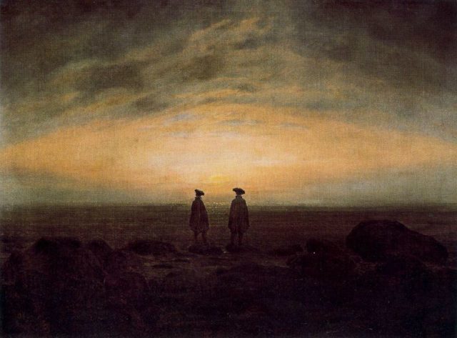 A painting of two men looking out on a gloomy sunset.