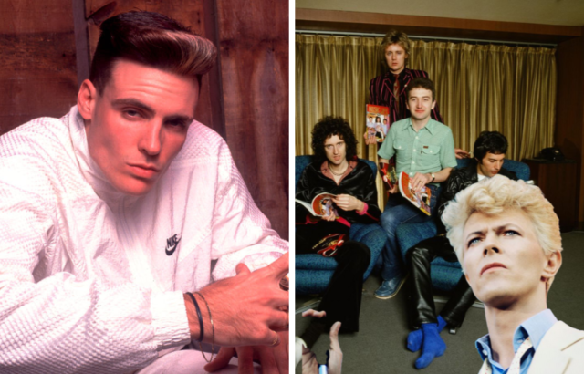Queen with David Bowie inset, left, and Vanilla Ice 