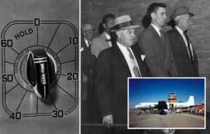 Bomb timer + John Gilbert "Jack" Graham walking with plain-clothes guards + Douglas DC-6B on the tarmac