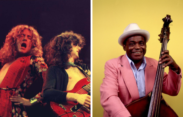 Robert Plant and Jimmy Page of Led Zeppelin, left, and Willie Dixon