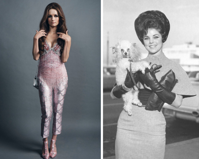 Side by side photos of Olivia De Jonge as Priscilla Presley in a pink outfit, and Priscilla Presley in a black and white photograph holding her white dog and smiling.