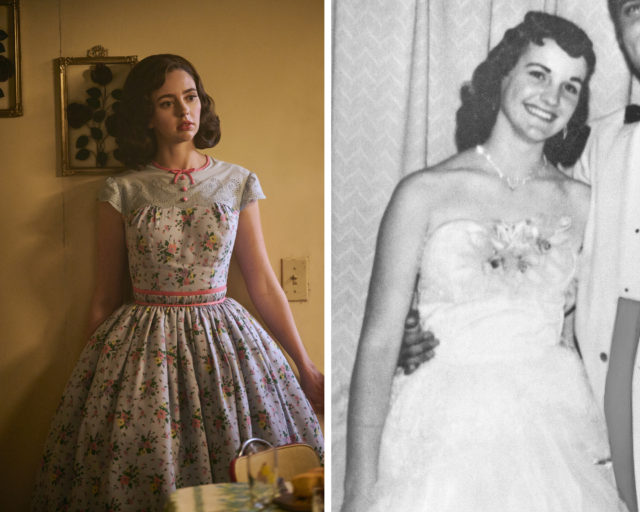 Side by side photos of Natasha Bassett standing against a yellow wall in a floral dress, and a black and white photo of Dixie Locke smiling in a dress.