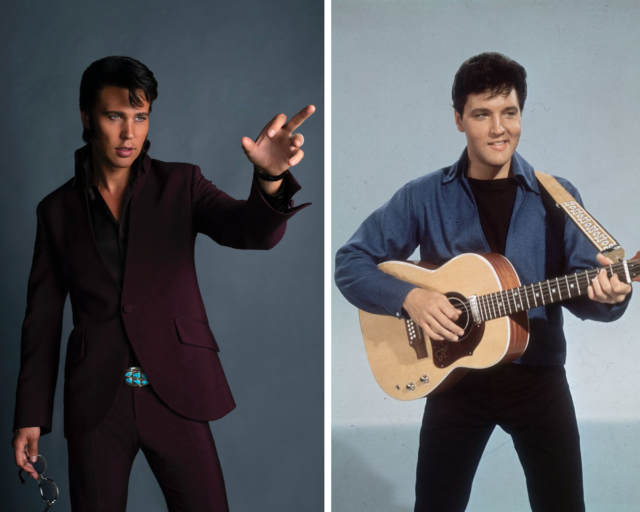 Side by side photo of Austin Butler as Elvis standing in a purple suit, and Elvis in black pants and a blue suit holding a guitar.