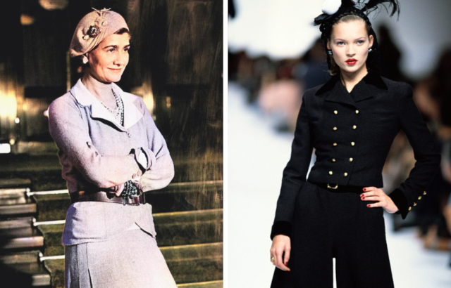 Left: Portrait of designer Coco Chanel. Right: Supermodel Kate Moss on the runway at a Chanel fashion show.