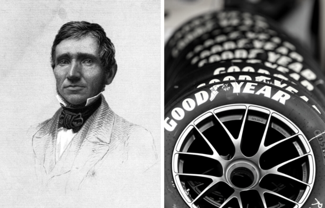 Left: portrait of Charles Goodyear. Right: Goodyear tires lined up
