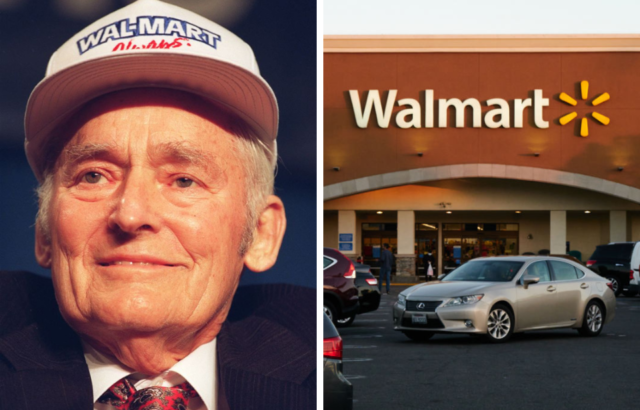 Left: A Walmart parking lot. Right: Portrait of Sam Walton, Walmart co-founder.