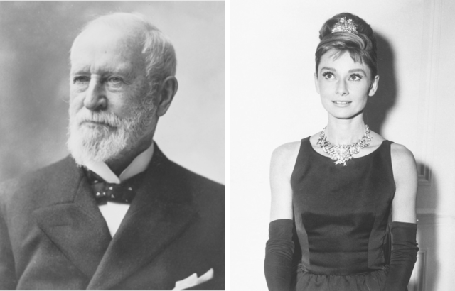 Left: Actress Audrey Hepburn in costume for her role as Holly Golightly in Breakfast at Tiffany's. Right: portrait of Charles Lewis Tiffany. 