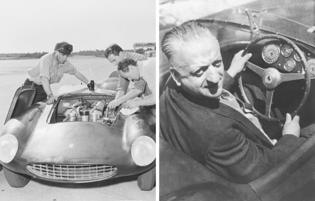 Left: Mechanics fixing up a car. Right: portrait of Enzo Ferrari behind the wheel of one of his cars.