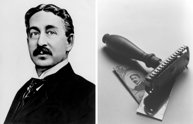 Left: portrait of King Camp Gillette. Right: Gillette's first safety razor.