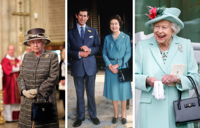 Three pictures show Queen Elizabeth sporting the same purse in 2015, 1981, and 2021.