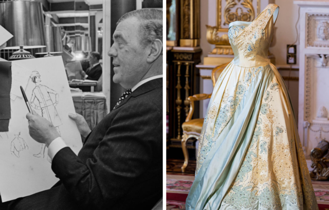 Left: Photograph of Norman Hartnell. Right: An evening gown worn by Queen Elizabeth