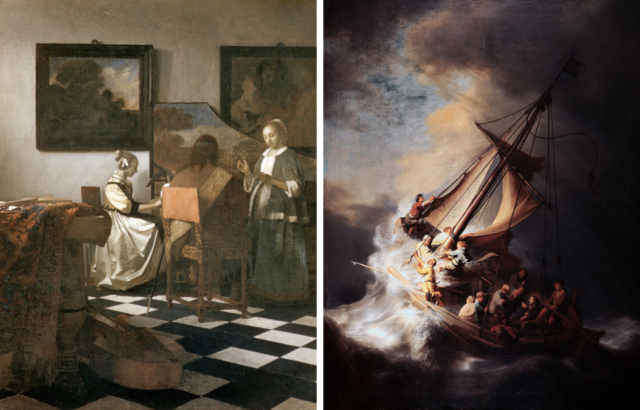 Vermeer's "The Concert" and Rembrandt's "Storm on the Sea of Galilee" paintings.