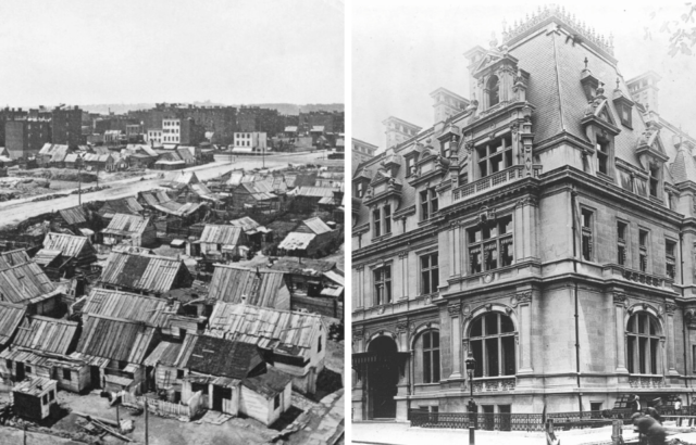 One image shows the poverty of worker's living conditions in New York City while the other showcases the opulent mansions of New York's elite during the Gilded Age.