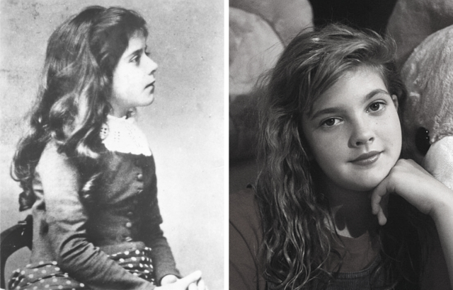 Left: portrait of young Ethel Barrymore. Right: Young Drew Barrymore