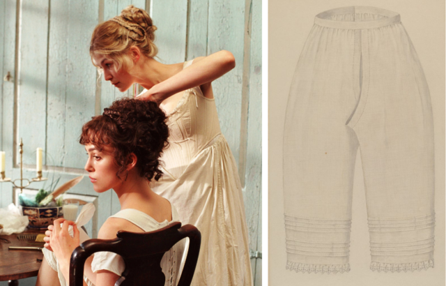 Left: getting Regency ready. Right: women's pantaloons.