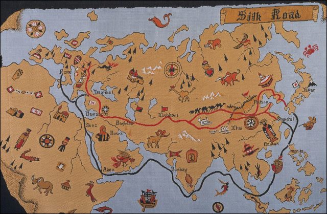 Coloured photo of a map showing the Silk Road trading route.