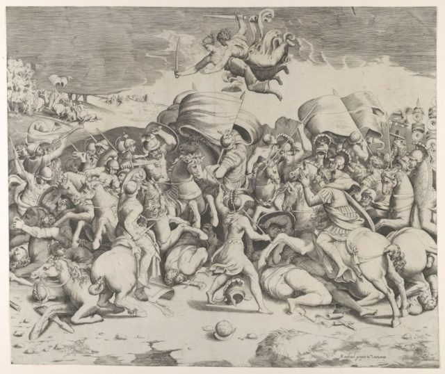 A drawing depicts Constantine defeating Maxentius