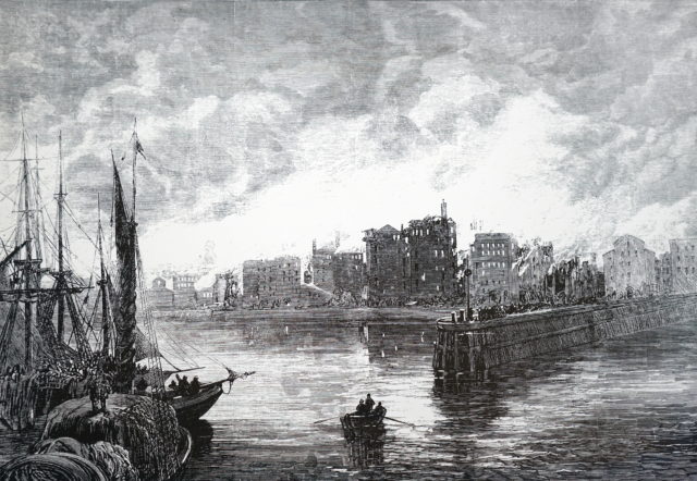 Drawing of people in a rowboat, with Chicago in the background