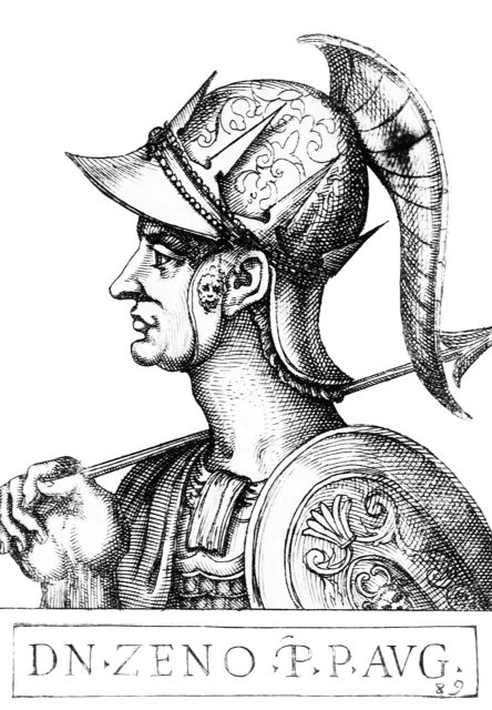Headshot illustration of Emperor Zeno side profile