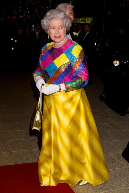 Queen Elizabeth II sports a colorful sequin outfit