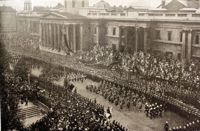 Crowds of people during a parade celebrating Queen Victoria's Diamond Jubilee