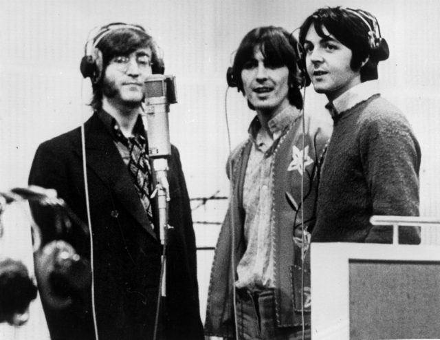 John Lennon, George Harrison, and Paul McCartney in the recording studio