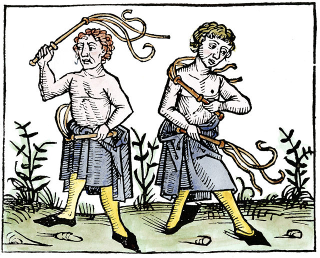 Coloured drawing of two shirtless men, part of a flagellant sect, whipping themselves to atone for the plague.