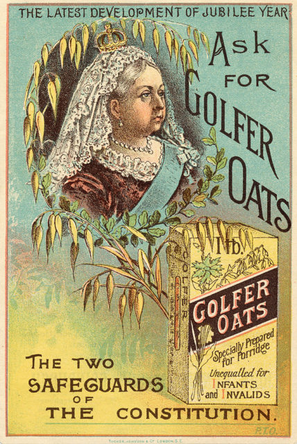 A ad for Golfer Oats featuring a portrait of Queen Victoria