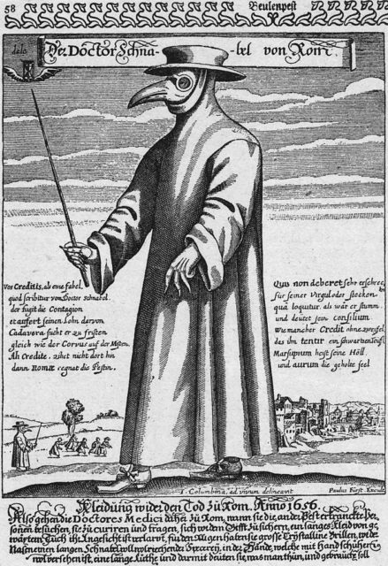 Black and white drawing of a plague doctor, wearing long robes, a beaked mask, and a hat.